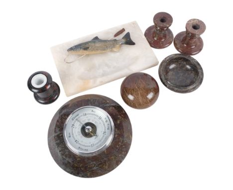 6 pieces of Cornish serpentine pieces, including a barometer, a pair of candlesticks, inkstand, and a white alabaster pen sta