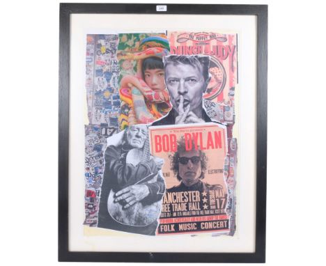 Mixed media, frame collage of a billboard (David Bowie, Bob Dylan), image 78cm x 58cm, 88cm x 79cm overall, framed