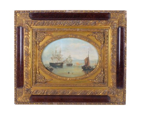 A framed print on canvas, ships at harbour, mounted in ornate gilt frame, 64cm x 54cm