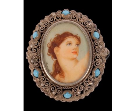 A Continental 800 silver turquoise miniature portrait pendant/brooch, 3.5cm, 8.3g