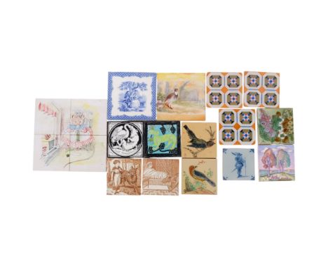 A set of 4 David Sharp Rye Pottery tiles, Wedgwood Red Riding Hood tiles, Minton Wolf, and 11 other various decorative tiles,