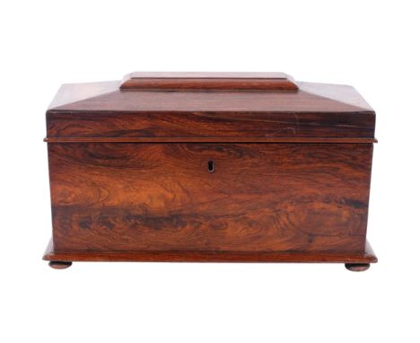 Antique walnut sarcophagus tea caddy, with fitted interior including cut-glass mixing bowl, 31cm across