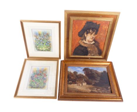 A Victorian oil on canvas, figures talking by a river, oil on canvas, portrait study of a girl in a bonnet, and a pair of ink