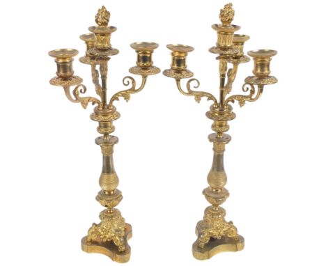 A pair of 19th century gilt-brass 3-branch table candelabra, with removeable sconces and flame finials, 47cm