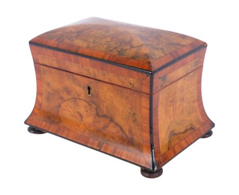 A 19th century burr-walnut and tulipwood sarcophagus-shaped tea caddy, with inner lids, W20cmVery good untouched condition, 1