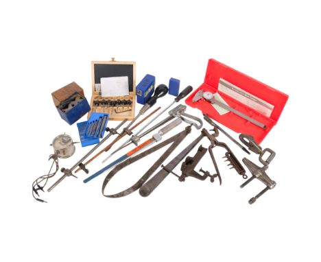 A box of various engineering and other tools, calipers, gauges, drill bits, etc (boxful)