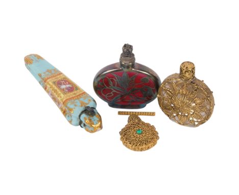 A group of Vintage scent bottles, including silver overlaid example, largest 13cm (4)