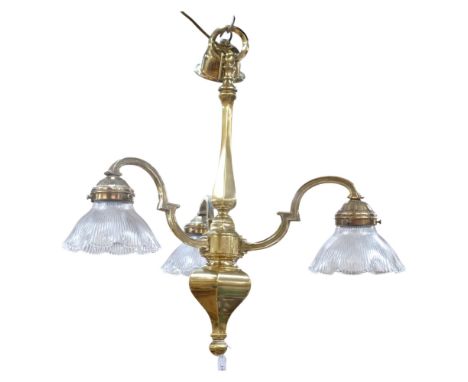 A good quality polished brass 3-branch chandelier, with fluted glass shades, 54cm across