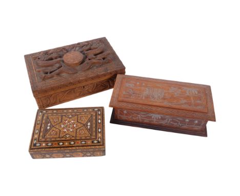 A Vintage Kashmiri ware box, with inlaid mother-of-pearl decoration, 18cm across, an Indian hardwood box, with ox cart and el