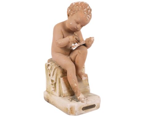 A Vintage French plaster sculpture of a child, with studio stamp Marque De Rosel, title "Enfant Ecrivant", H36cm