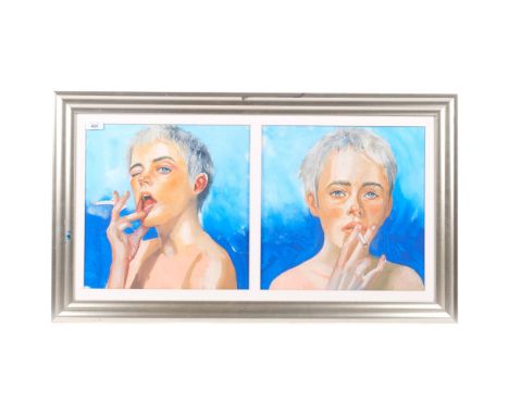 Oil on board, framed double portrait study of a girl smoking a cigarette, 50cm x 88cm overall