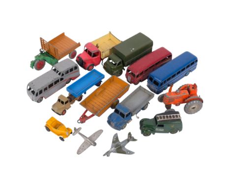 A collection of Vintage Dinky toys, diecast buses and lorries, including an observation coach, a Leyland Royal Tiger (14)