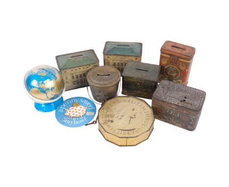 8 various Vintage money boxes, including The Daily Mail copper bank, 11cm across, and an early 20th century Russian money box