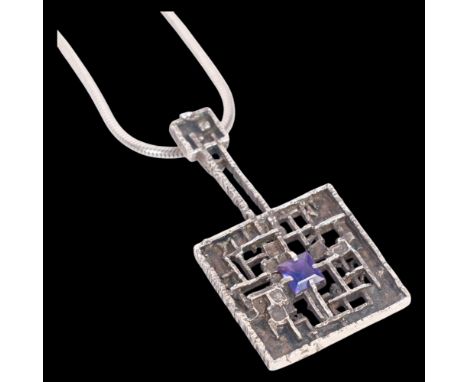HERMANN SIERSBOL - a Danish brutalist sterling silver purple paste abstract pendant necklace, textured openwork decoration on