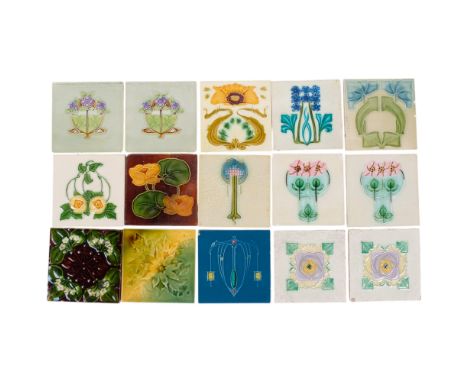 15 Art Nouveau ceramic tiles, including tube-lined and Majolica examples, 15cm
