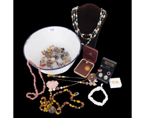 Various Vintage silver and costume jewellery, including pair of Mexican sterling silver cufflinks, Aries brooch, silver earri