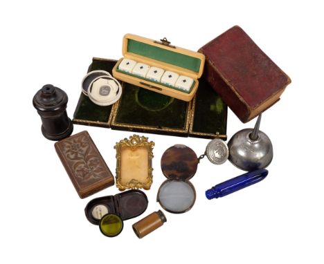 Various collectables, including wax seal depicting sheep with flag, leather portrait miniature case, 1803 Common Prayer Bible