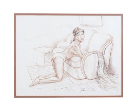 Frank Martin (British, 1921 - 2005), etching, study of a semi nude lady kneeling against a sofa, 72cm x 83cm overall, framed
