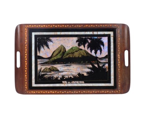 A Vintage Brazilian butterfly wing 'Rio De Janeiro' 2-handled tea tray, 63cm x 40cm