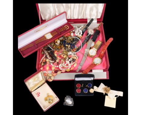 Various Vintage costume jewellery, including Smiths Deluxe marcasite wristwatch, silver ring, etc