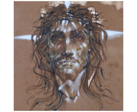 Oil on canvas, portrait&nbsp; of Jesus, 73cm x 73cm overall, gilt-framed