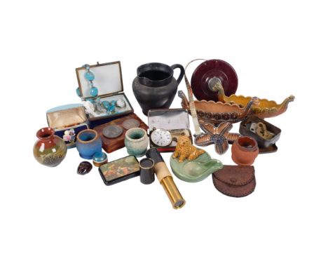 A box of collectables, including Dicker Ware jug, tins, osak tape, small brass telescope, etc