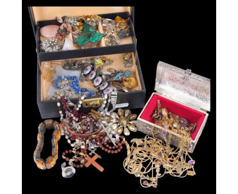 Various Vintage and Antique costume jewellery, including malachite leaf brooch, gold plated necklaces, etc