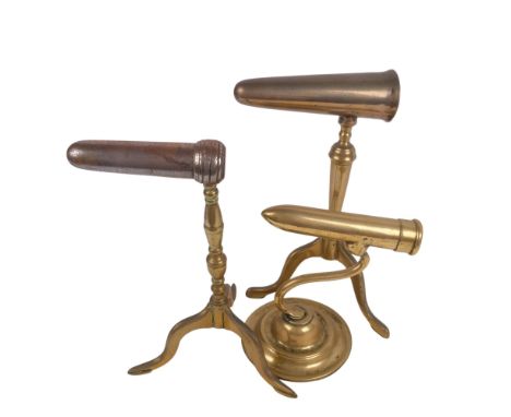 3 x 19th Century brass and steel curling iron stand holders, 2 on tripod stands, tallest 25cm