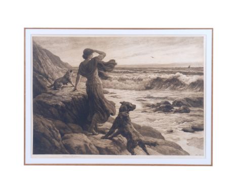 Herbert Dicksee, monochrome print on vellum, a figure and hounds in a rocky coastal view, signed in pencil to the mount and d