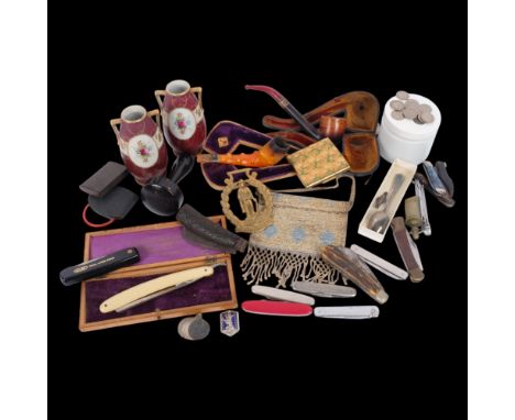 A box of various items, including pair of Nippon red ground vases, various penknives, 2 pipes, cut throat razor, beadwork eve