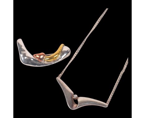 HERMANN SIERSBOL - a Danish modernist sterling silver cubic zirconia fold pendant necklace, and a similar abstract brooch, 13