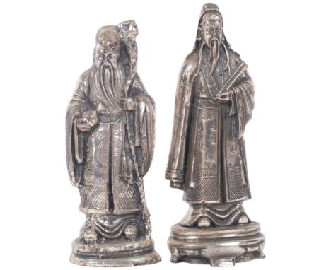 TEK FORM - a pair of Chinese sterling silver immortal figures, Fu and Shou, 10cm