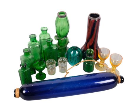 Antique silver-rimmed green lustre vase, 19cm, Bristol blue glass rolling pin, bottles, eye bath, etc