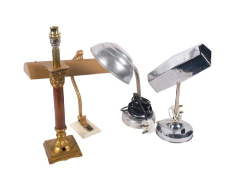 A brass Corinthian column table lamp, H41cm, a chrome desk lamp, a Vintage aluminium desk lamp with flexible column, and a pi