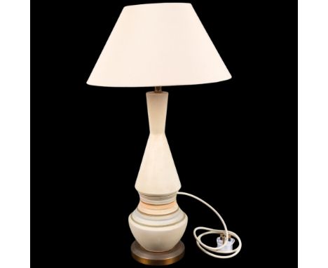 A mid-century Italian ceramic table lamp with banded decoration, with new shade, in working order with LED bulb, H64cm overal