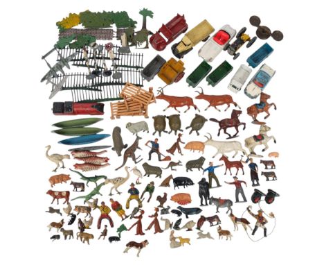 A collection of Vintage painted lead and other toy farm animals, Dinky Toys, farm machinery, railway stock and other, etc (tr