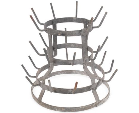 A Vintage French galvanised steel bottle drying rack, H28.5cm