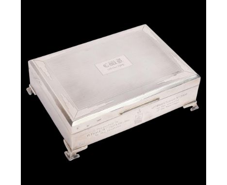 A George VI silver cigarette box, Burtons &amp; Waters, Birmingham 1939, rectangular form, with engine turned decoration, and