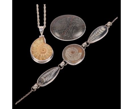 3 pieces of silver and fossil jewellery, comprising 2 necklaces and 1 brooch