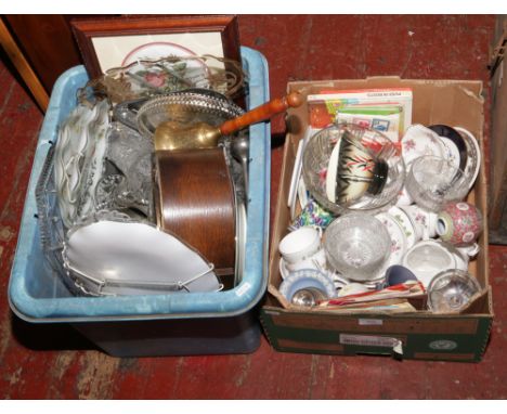 Two boxes of miscellaneous including silver candlestick, Smiths mantel clock, Wedgwood Jasperware and Sylvac etc.