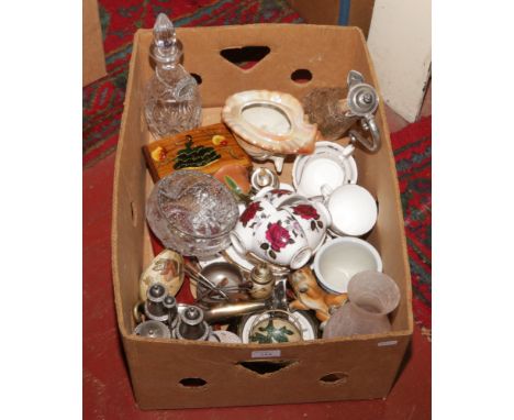 A box of miscellaneous to include Colclough teawares, silver plate, wall clock, barometer, cloisonne etc.