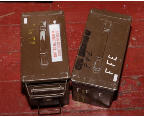 A pair of ammunition smoke grenade steel boxes.