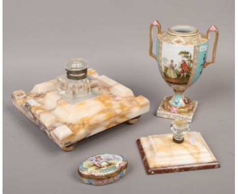 A marble desk stand and blotter along with a twin handled urn shape vase and a porcelain trinket dish.