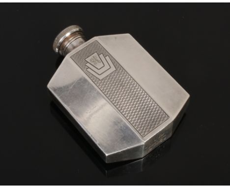 An Art Deco silver plated hip flask by James Dixon &amp; Sons. With engine turned engraving and threaded cap. Stamped EPBM, 8