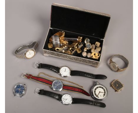 Two boxes of gentleman's accessories to include wristwatches, cufflinks, Ronson lighter etc.
