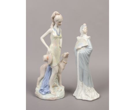A Nao ceramic figure of a lady holding a fan, along with a ceramic figure of a girl and hound.