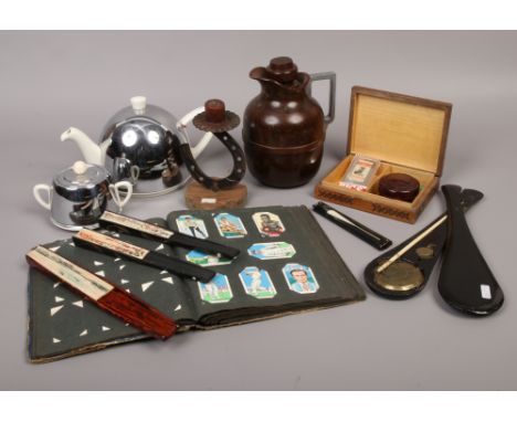 A group of collectables to include Bakelite cased flask, hand fans, opium scale etc.