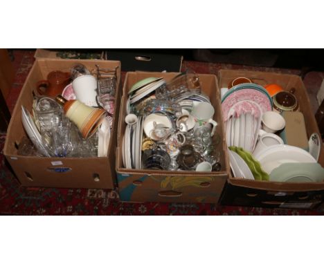 Three boxes of miscellaneous to include ceramic Wade Bells Whisky decanter, Hornsea pottery, Denby, cabinet plates etc.