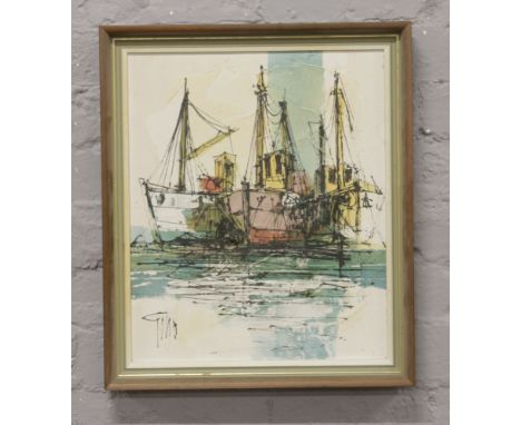 A framed oil on canvas, seascape with three fishing boats.