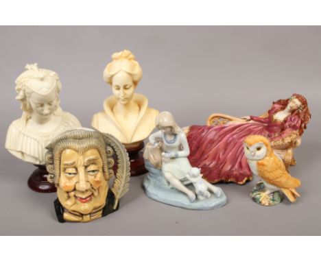 A collection of ceramics and composite figures including Beswick owl and Franklin Mint Sleeping Beauty.